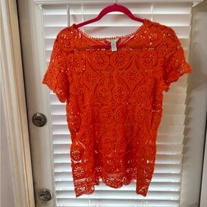 Women's Orange Crochet Lace Short Sleeve Top